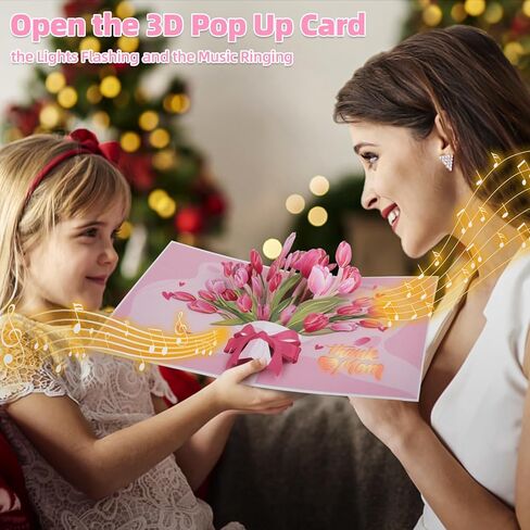 XTF2015 Mother's Day Pop Up Card 'LOVE YOU MOM' 3D Flower Greeting Card, Thanksgiving Day & Happy Mothers Day Gifts Card, Light & Music 3D Greeting Cards with Envelope and Note Tag in Kuwait
