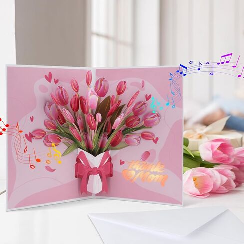 XTF2015 Mother's Day Pop Up Card 'LOVE YOU MOM' 3D Flower Greeting Card, Thanksgiving Day & Happy Mothers Day Gifts Card, Light & Music 3D Greeting Cards with Envelope and Note Tag in Kuwait