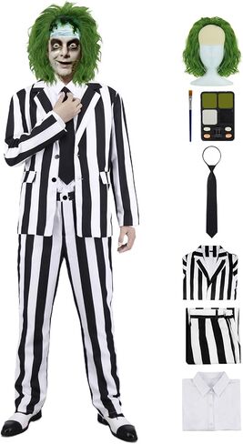IBQ Black and White Striped Suit Adult Halloween Costumes Men Scary 80s Horror Movie Character Cosplay Outfit with Wig Shirt in Kuwait