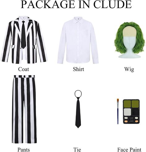 IBQ Black and White Striped Suit Adult Halloween Costumes Men Scary 80s Horror Movie Character Cosplay Outfit with Wig Shirt in Kuwait