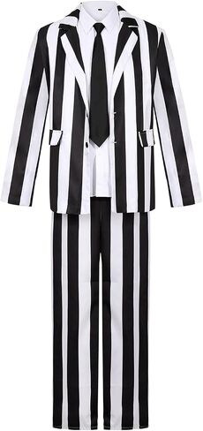 IBQ Black and White Striped Suit Adult Halloween Costumes Men Scary 80s Horror Movie Character Cosplay Outfit with Wig Shirt in Kuwait