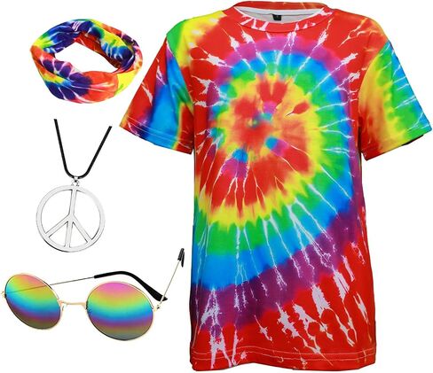 Retro 60s 70s Hippie Boys Costume Set 4Pcs Disco Party Outfit with Tie-Dye Shirt, Peace Necklace for Kids Ages 4-12 Years in Saudi Arabia
