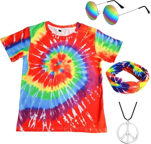 Retro 60s 70s Hippie Boys Costume Set 4Pcs Disco Party Outfit with Tie-Dye Shirt, Peace Necklace for Kids Ages 4-12 Years in Saudi Arabia