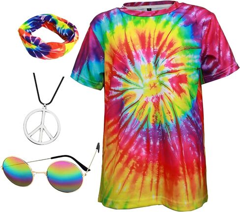 Retro 60s 70s Hippie Boys Costume Set 4Pcs Disco Party Outfit with Tie-Dye Shirt, Peace Necklace for Kids Ages 4-12 Years in Saudi Arabia