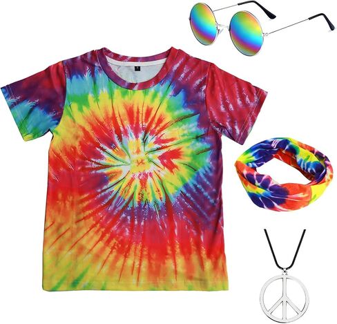 Retro 60s 70s Hippie Boys Costume Set 4Pcs Disco Party Outfit with Tie-Dye Shirt, Peace Necklace for Kids Ages 4-12 Years in Saudi Arabia