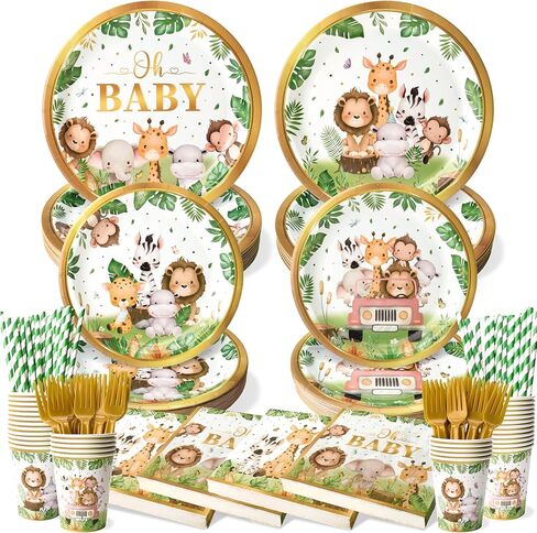 300Pcs Woodland Baby Shower Plates and Napkins, Serves 50 Guests, Oh Baby Party Supplies Include Cups, Straws, Forks, Forest Animals Party Decorations For Boys Or Girls Party in Saudi Arabia