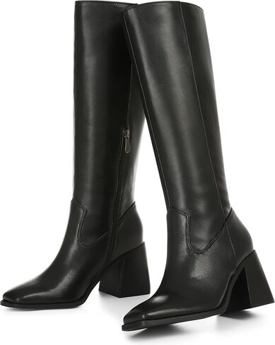 VOMIRA Knee High Boots Women Wide Calf Boots for Women Square Toe Tall Boots Chunky Heel Leather Long Boots Winter Fall Boots Black Boots for Women in Kuwait