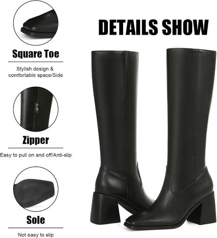 VOMIRA Knee High Boots Women Wide Calf Boots for Women Square Toe Tall Boots Chunky Heel Leather Long Boots Winter Fall Boots Black Boots for Women in Kuwait