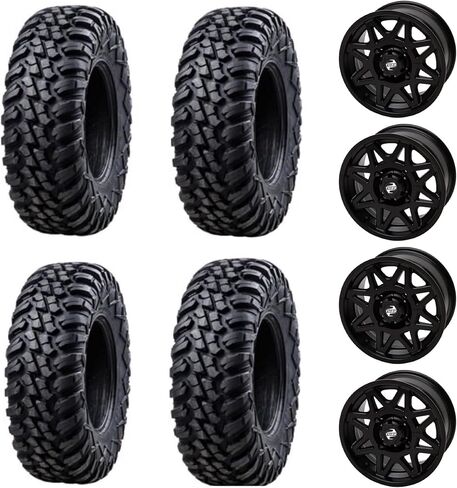 Four 28x10-14 Tusk TERRABITE Heavy Duty 8-Ply Radial UTV Tires mounted on Tusk TINTIC Wheels - For POLARIS UTVs - 4/156 bolt pattern - Includes Lug Nuts (4+3 Wheel Offset, Milled Black) in Saudi Arabia