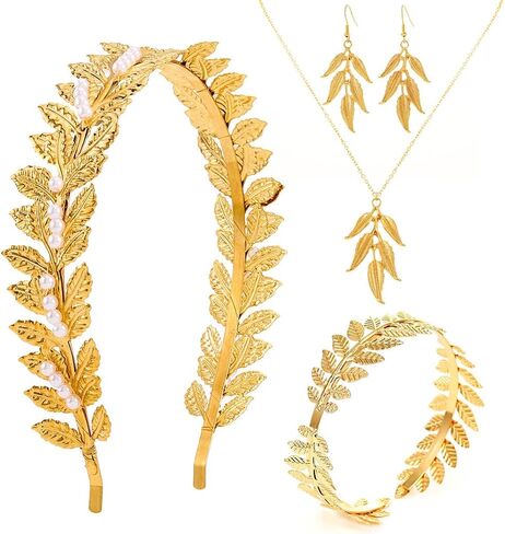 Sixexey Greek Goddess Costume Accessories Toga Laurel Leaf Headband Gold Upper Arm Cuff Leaves Necklace Earrings Jewelry for Women (4pcs) in Saudi Arabia