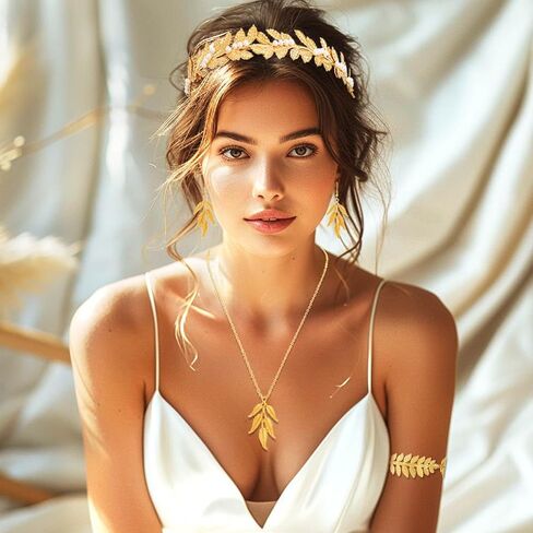 Sixexey Greek Goddess Costume Accessories Toga Laurel Leaf Headband Gold Upper Arm Cuff Leaves Necklace Earrings Jewelry for Women (4pcs) in Saudi Arabia