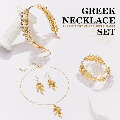Sixexey Greek Goddess Costume Accessories Toga Laurel Leaf Headband Gold Upper Arm Cuff Leaves Necklace Earrings Jewelry for Women (4pcs) in Saudi Arabia