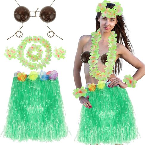 6 PCS Coconut Bra Hawaiian Grass Hula Skirt Costume Set, Flowers Dance Leis Outfits for Women Cosplay Beach Party, Yellow in Saudi Arabia