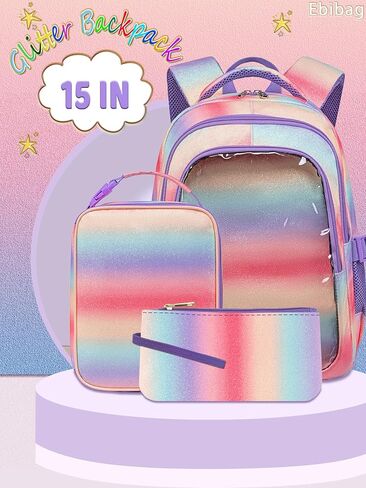 حقيبة الظهر Unicorn Girls مع صندوق الغداء للأطفال تدرج قوس قوس قزح Glitter Bookbag For Age 4-6 6-8 8-10 حقيبة مدرسية لرياض الأطفال الابتدائية ما قبل المدرسة التجمي in Saudi Arabia