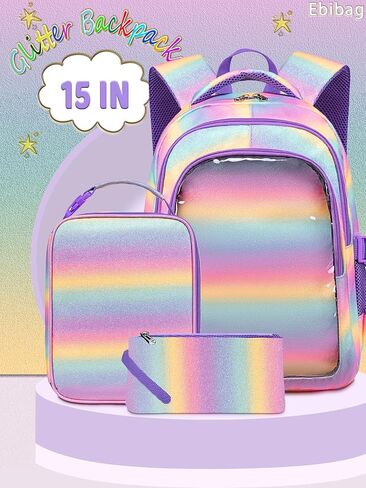 حقيبة الظهر Unicorn Girls مع صندوق الغداء للأطفال تدرج قوس قوس قزح Glitter Bookbag For Age 4-6 6-8 8-10 حقيبة مدرسية لرياض الأطفال الابتدائية ما قبل المدرسة التجمي in Kuwait