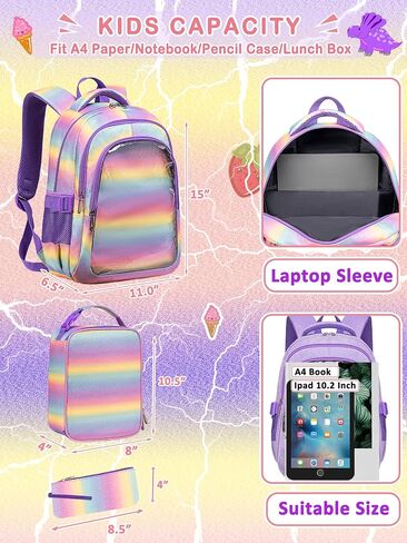 حقيبة الظهر Unicorn Girls مع صندوق الغداء للأطفال تدرج قوس قوس قزح Glitter Bookbag For Age 4-6 6-8 8-10 حقيبة مدرسية لرياض الأطفال الابتدائية ما قبل المدرسة التجمي in Saudi Arabia