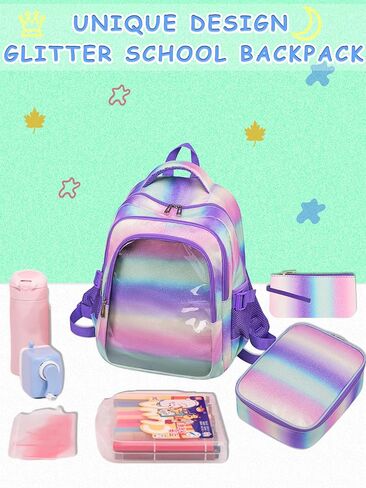 حقيبة الظهر Unicorn Girls مع صندوق الغداء للأطفال تدرج قوس قوس قزح Glitter Bookbag For Age 4-6 6-8 8-10 حقيبة مدرسية لرياض الأطفال الابتدائية ما قبل المدرسة التجمي in Saudi Arabia