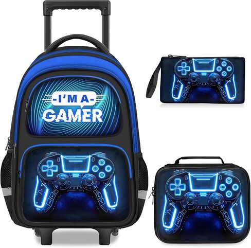Boys Rolling Backpack for Kids - 3PCS Gamer Boys Rolling Backpack with Lunch Bag Set, Multifunctional Wheeled Bookbag for Elementary Middle School, Lightweight Travel Roller Bag in Kuwait