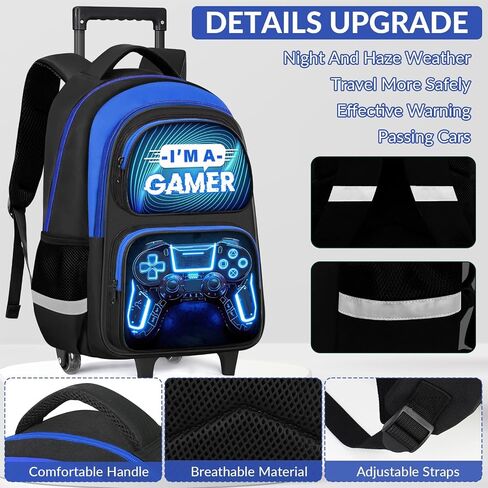 Boys Rolling Backpack for Kids - 3PCS Gamer Boys Rolling Backpack with Lunch Bag Set, Multifunctional Wheeled Bookbag for Elementary Middle School, Lightweight Travel Roller Bag in Kuwait