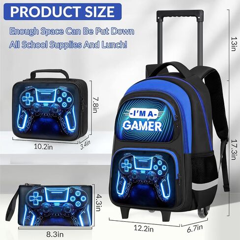 Boys Rolling Backpack for Kids - 3PCS Gamer Boys Rolling Backpack with Lunch Bag Set, Multifunctional Wheeled Bookbag for Elementary Middle School, Lightweight Travel Roller Bag in Kuwait