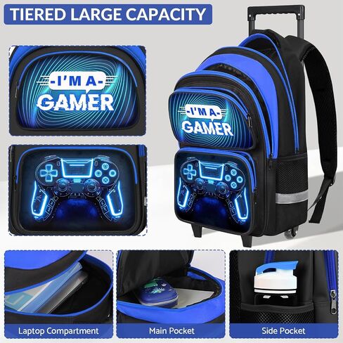 Boys Rolling Backpack for Kids - 3PCS Gamer Boys Rolling Backpack with Lunch Bag Set, Multifunctional Wheeled Bookbag for Elementary Middle School, Lightweight Travel Roller Bag in Kuwait