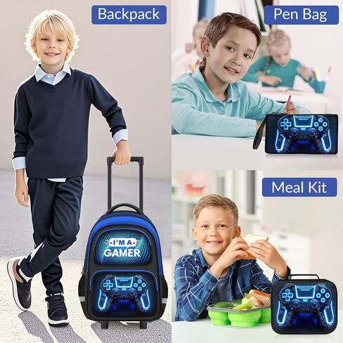 Boys Rolling Backpack for Kids - 3PCS Gamer Boys Rolling Backpack with Lunch Bag Set, Multifunctional Wheeled Bookbag for Elementary Middle School, Lightweight Travel Roller Bag in Kuwait
