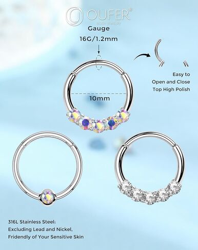 oufer 3pcs المجوهرات الحاجز ، 316L ثقب الحاجز الفولاذ الجراحي ، حلقات صافية AB CZ الحاجز 16G ، مقسمات القطع الغضروف بالسلاح للنساء للنساء الرجال in Saudi Arabia