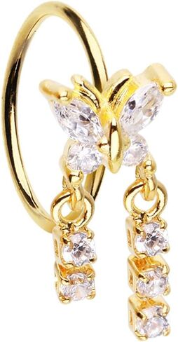 Pierced Owl 20GA Stainless Steel CZ Crystal Butterfly with Double Dangling Chain Bendable Nose Ring in Saudi Arabia