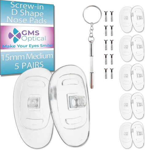 GMS Optical 13mm Medium Length/6mm Wide - D Shape Screw in Soft Silicone - Eyeglass Repair Kit with Screws and Screw Driver, Silicone Eyeglass Nose Pads, Anti-Slip Nose Pads for Glasses, (5 Pair) in Kuwait