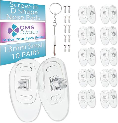 GMS Optical 13mm Medium Length/6mm Wide - D Shape Screw in Soft Silicone - Eyeglass Repair Kit with Screws and Screw Driver, Silicone Eyeglass Nose Pads, Anti-Slip Nose Pads for Glasses, (5 Pair) in Kuwait