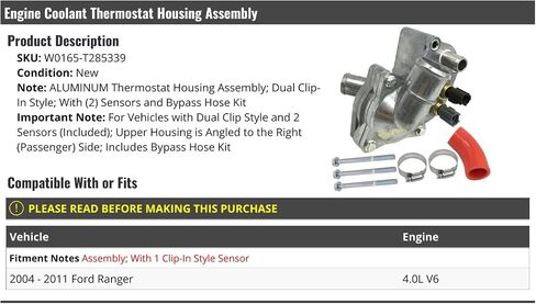 Aluminum Engine Coolant Thermostat Housing Assembly - with Dual Clip Style and 2 Sensors - Compatible with 2004-2011 Ford Ranger 4.0L V6 in Saudi Arabia