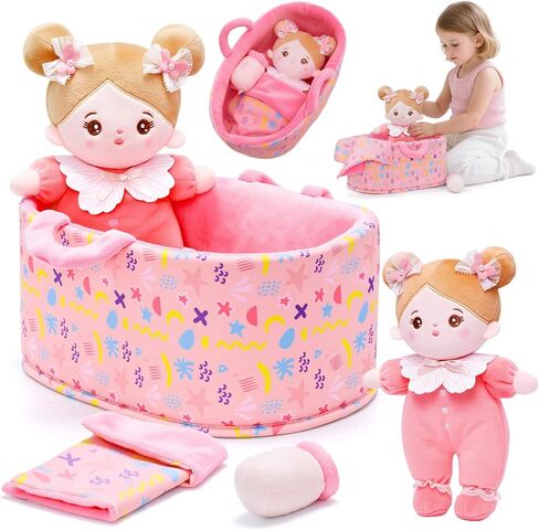 OUOZZZ 10" Baby Doll Accessories Soft Doll Set with Mini Doll, Bassinet, Blanket and Bottle, Pretend Playset for Emotional Social Education for 3+ Year Olds Girls Christmas Birthday Gift Pink in Kuwait