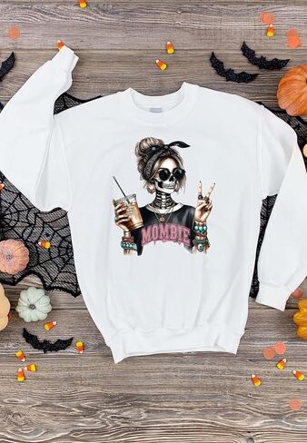 Mombie Halloween Sweatshirt للنساء ، طباعة هيكل عظمي مخيف ، ناعم ومريح (xxxl ، beige) in Kuwait