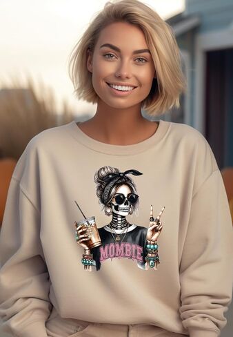 Mombie Halloween Sweatshirt للنساء ، طباعة هيكل عظمي مخيف ، ناعم ومريح (xxxl ، beige) in Kuwait