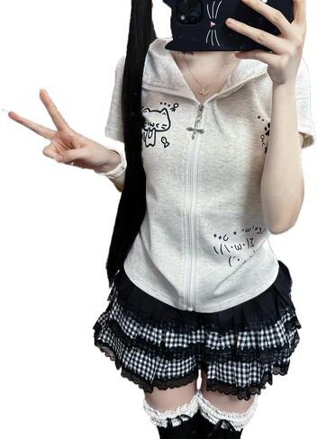 Kawaii Y2K Cute Print Hoodies For Women Short Sleeves Cat Ears Hoodie Kawaii Zip Up Casual Slim Fit Outfits in Kuwait