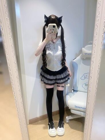 Kawaii Y2K Cute Print Hoodies For Women Short Sleeves Cat Ears Hoodie Kawaii Zip Up Casual Slim Fit Outfits in Kuwait