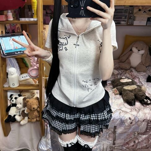 Kawaii Y2K Cute Print Hoodies For Women Short Sleeves Cat Ears Hoodie Kawaii Zip Up Casual Slim Fit Outfits in Kuwait