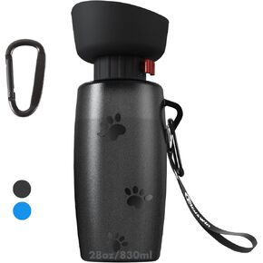 Dog Water Bottle Portable, 28oz Dog Travel Water Bottles, Patented, Leak-Proof Pet Water Dispenser for Outdoor Walking, Hiking, Food Grade Silicone, Black