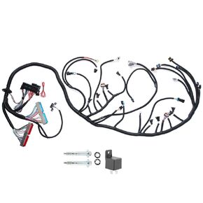 Engine Wiring Harness 4L60E Drive by Cable (DBC) Fit for 1997-2006 4.8L 5.3L 6.0L LS Engine EV1 Fuel Injector Connector, 60A Relay,Throttle Body Blue/Red interfaces.