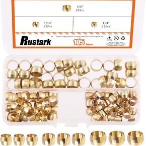 105Pcs 1/4" 3/8" 1/2" Brass Compression Fitting Sleeves Ferrules Assortment Kit Tube Hose Ferrule Compression Fitting Set