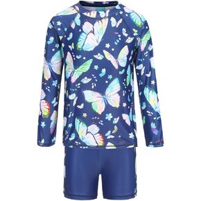 Girls Two Piece Rash Guard Swimsuits Set with Swim Trunk Kids Long Sleeve Bathing Suit Swimwear Set