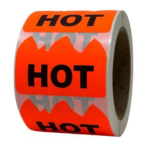 Hudson Exchange 3 x 2 Inch (Roll of 500) “HOT" Flame-Shape Pressure Sensitive Label Stickers with Permanent Adhesive, Fluorescent Red