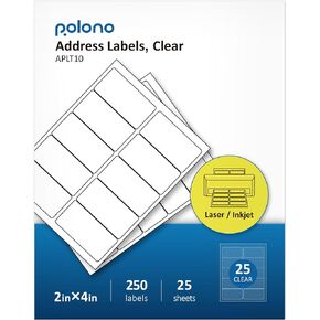POLONO 2" x 4" Crystal Clear Address Labels, Shipping Address Labels for Inkjet & Laser Printers, Waterproof Label, Easy to Peel (250 Labels, 25 Sheets)