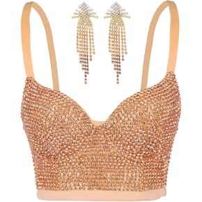 Women's Sparkle Rhinestone Push up Bra Clubwear Bustier Crop Top Bra with Rhinestone Dangle Earrings