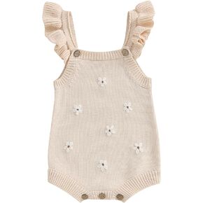 Infant Baby Girl Summer Sleeveless Strap Bubble Romper One Piece Newborn Knitted Floral Bodysuit Outfit