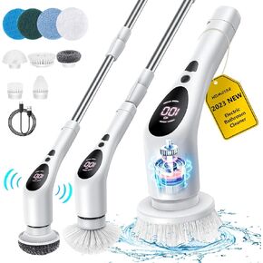 Electric Spin Scrubber, Cordless Voice Prompt Cleaning Brush with 9 Replaceable Brush Heads, 3 Adjustable Speeds Shower Scrubber with Extension Long Handle for Bathroom Floor Tile