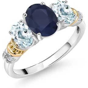 925 Sterling Silver and 10K Yellow Gold Oval Blue Sapphire Sky Blue Aquamarine and White Diamond 3 Stone Ring For Women (2.83 Cttw, Gemstone September Birthstone, Available In Size 5, 6, 7, 8, 9)