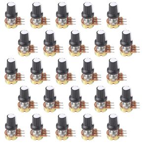 25Sets B5K Ohm Knurled Shaft Linear Rotary Taper Potentiometer WH148 B5K Single-Joint Variable Resistors 15mm Shaft 3Pins 5K Ohm Potentiometer with Nuts, Washers and Knob