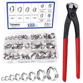 Tnisesm 9 inch Single Ear Clamp Pliers with 122 Pcs 304 Stainless Steel Stepless Single Ear 6-23.5mm Hose Clamps Securing Pipe Hoses Automotive | Cinch Rings Pinch Clamp, PEX Crimping