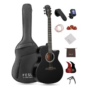 Fesley Full Size Acoustic Guitar Kit, 41'' Steel String Cutaway Grand Auditorium Guitar with Upgraded Gig Bag, Capo, Strap, Strings, Picks, Winder